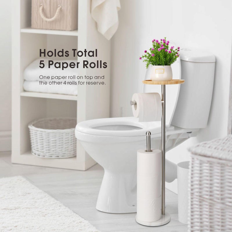 Songtec Toilet Paper Holder Stand with 7.9"" Big Bamboo Tray  2.2Lbs Heavier Marble Base  Floor Standing Paper Holder Stand with Phone Shelf  Reserve for 4 Rolls (Brushed Nickel) - Image 3