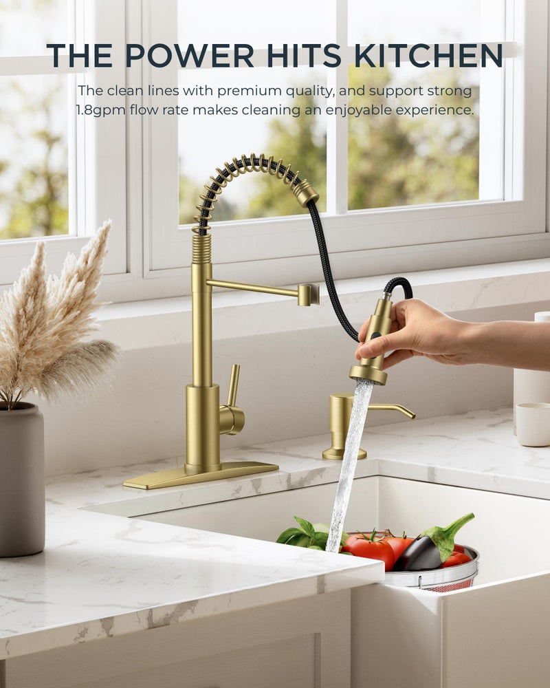 FORIOUS Gold Kitchen Faucet with Pull Down Sprayer, Stainless Steel Commercial Single Handle Classic Spring Pull Out Sink Faucet for Pot Filler, Farmhouse Camper Bar Laundry Room - Image 4