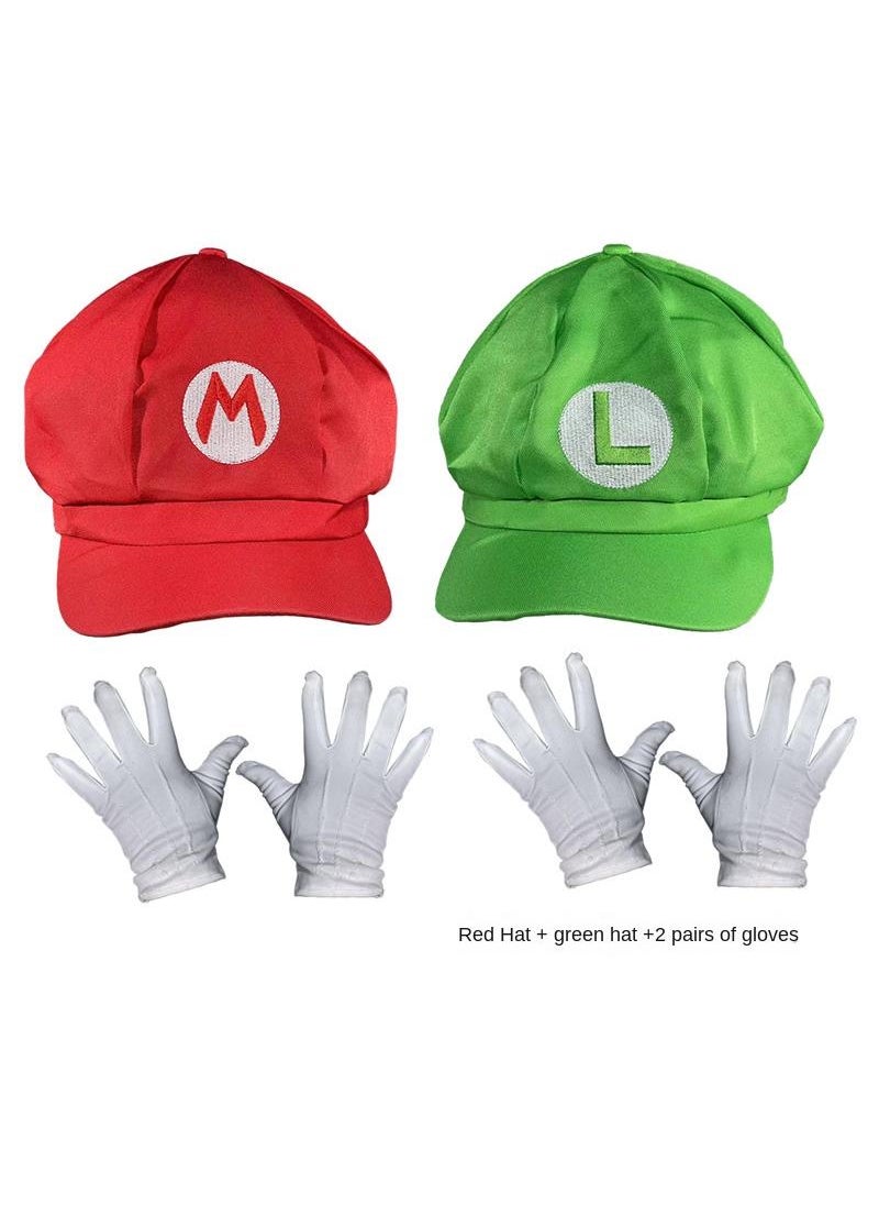 Generic - 2 Pcs Super Brother Mario and Luigi Costume Hats+2 Pairs Of Gloves Video Game Role Cosplay Kits Mario Dress Up Set For Party Cosplay - Image 1