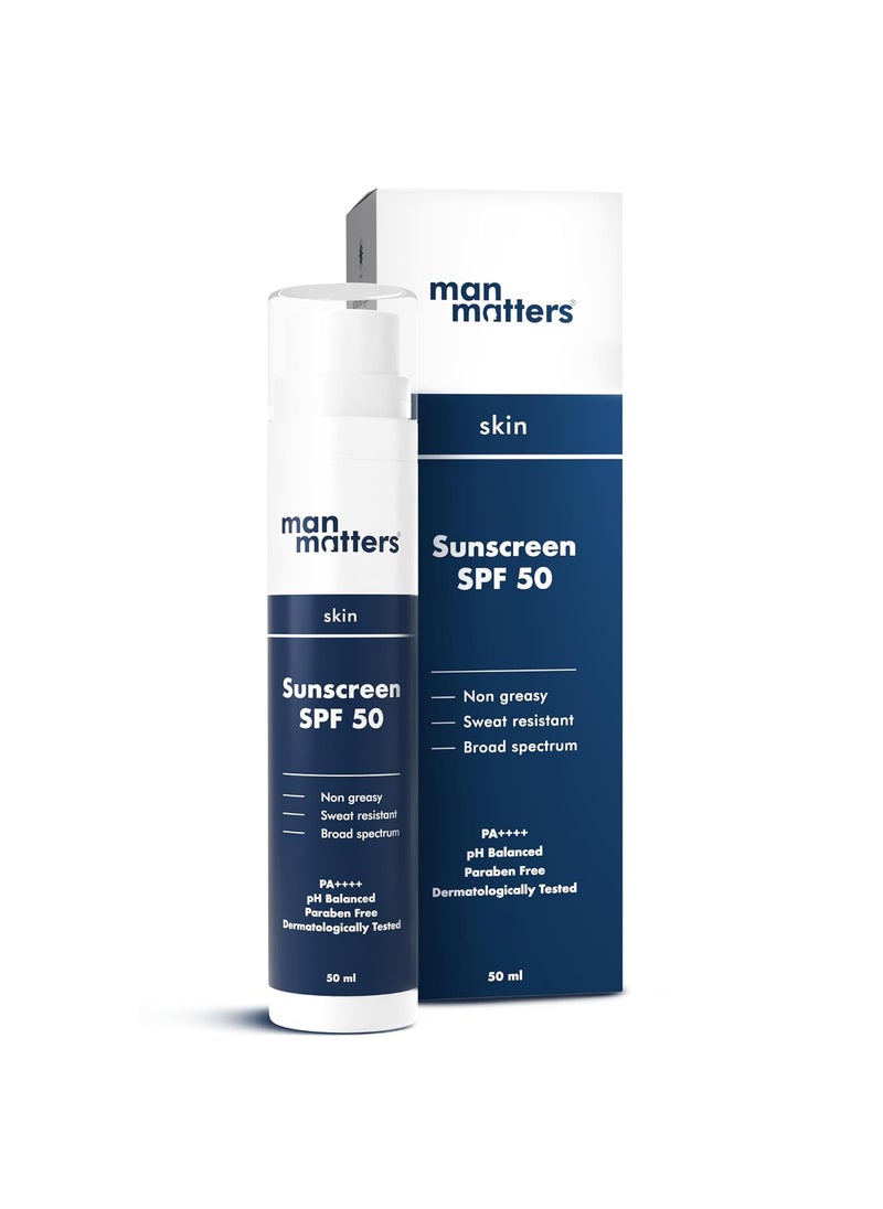Man Matters Man Matters Probiotic Sunscreen SPF 50 PA 50ml  SunCat MTA Technology  Sweat Resistant  Broad Spectrum Protection  Centella Rice Water  Niacinamide  Non Greasy 0 White Cast  Lightweight  - Image 1