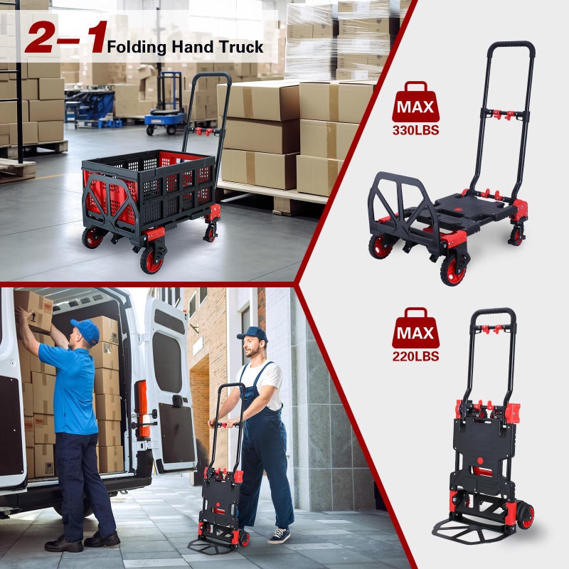 YANGTZE 2 in 1 Folding Hand Truck Dolly with Basket,330LBS Capacity Hand Cart Foldable,Hand Truck Foldable with Retractable Handle,Folding Dolly Cart with Wheels for Moving - Image 3