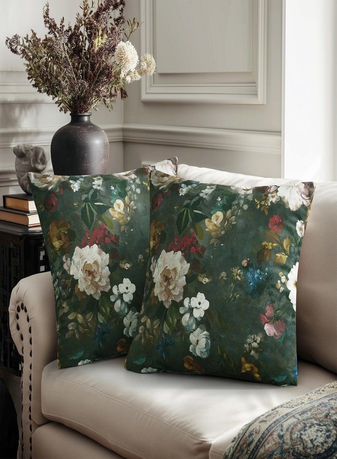 StangH Green Decorative Floral Throw Pillowcases 18x18 inch, Vintage Velvet Patterned Square Cushion Covers Super Soft Farmhouse Boho Printed Pillow Covers for Couch Armchair, Pack of 2 - Image 2
