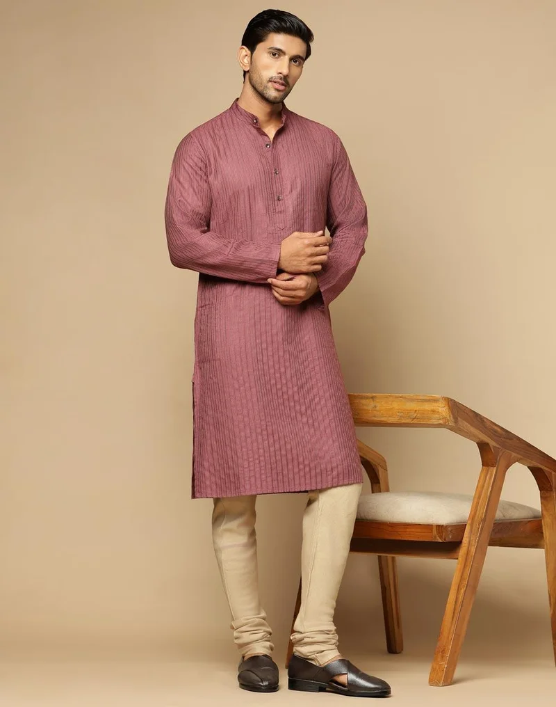 فاب انديا Purple Viscose Blend Dobby Slim Fit Long Kurta