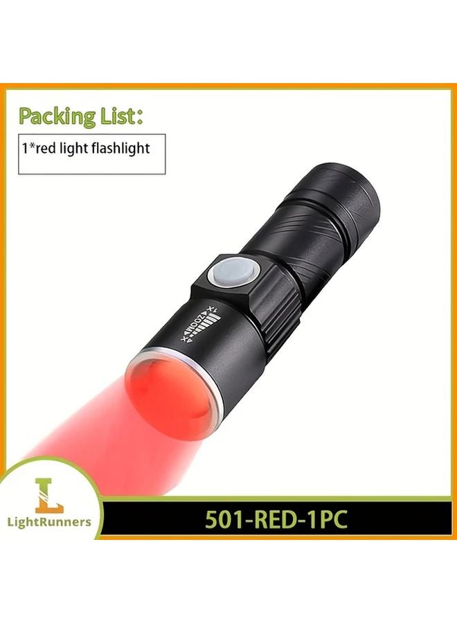 1pc Red Light Flashlight USB Rechargeable Zoomable Mini Pocket Torch For Emergency - Image 1