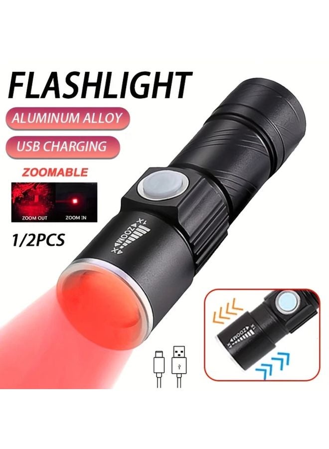 1pc Red Light Flashlight USB Rechargeable Zoomable Mini Pocket Torch For Emergency - Image 2