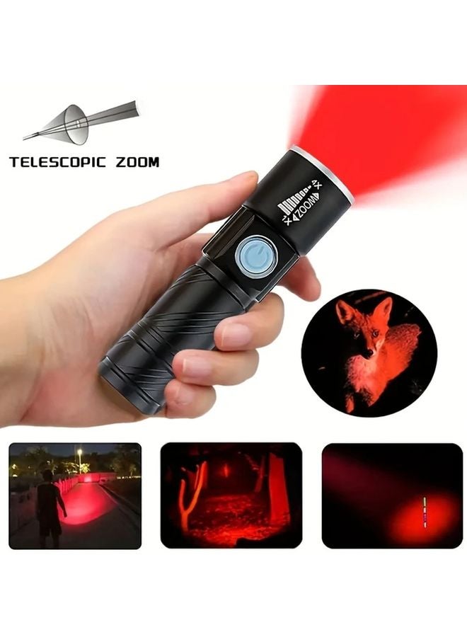 1pc Red Light Flashlight USB Rechargeable Zoomable Mini Pocket Torch For Emergency - Image 3
