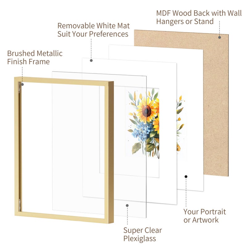 ZLG Golden 8x10 Frame, Premium 8x10 Metal Frame Matted to 5x7, Picture Frame, High Definition Plexiglass, Wall Hook Included, Set of 3 - Image 3