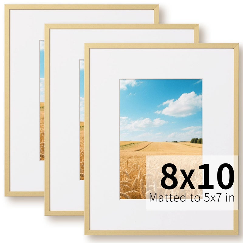 ZLG Golden 8x10 Frame, Premium 8x10 Metal Frame Matted to 5x7, Picture Frame, High Definition Plexiglass, Wall Hook Included, Set of 3 - Image 1