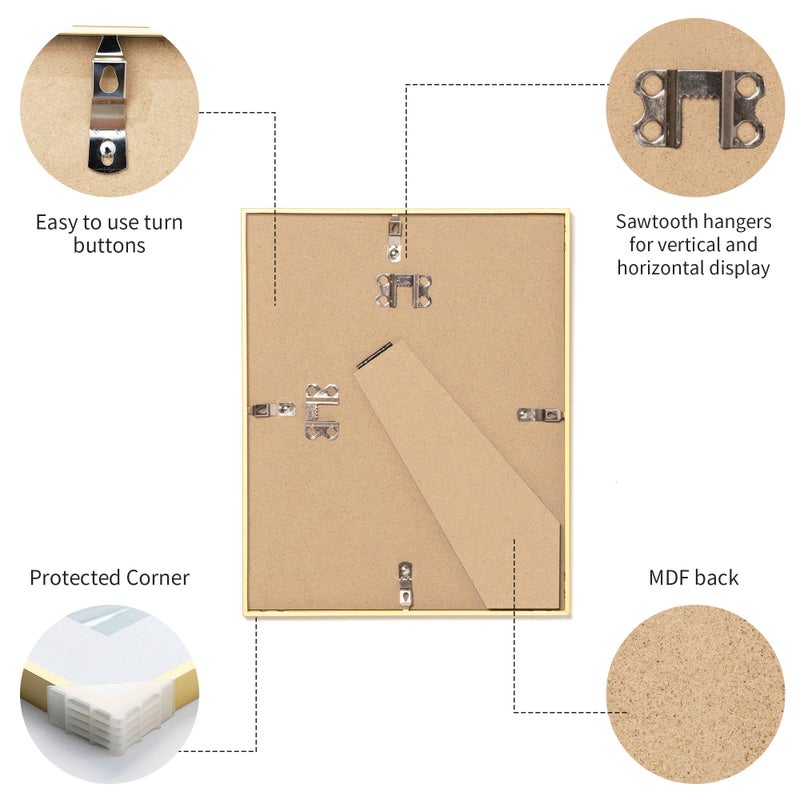ZLG Golden 8x10 Frame, Premium 8x10 Metal Frame Matted to 5x7, Picture Frame, High Definition Plexiglass, Wall Hook Included, Set of 3 - Image 5