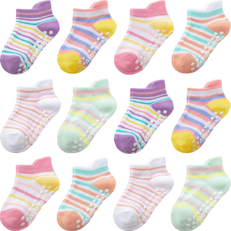 Aroveea Baby Toddler Socks Grip Non Slip Boys Girls Cotton 12 Pack for 6-12 Months Kids Ankle Cute Socks 6M-7Years - Image 1