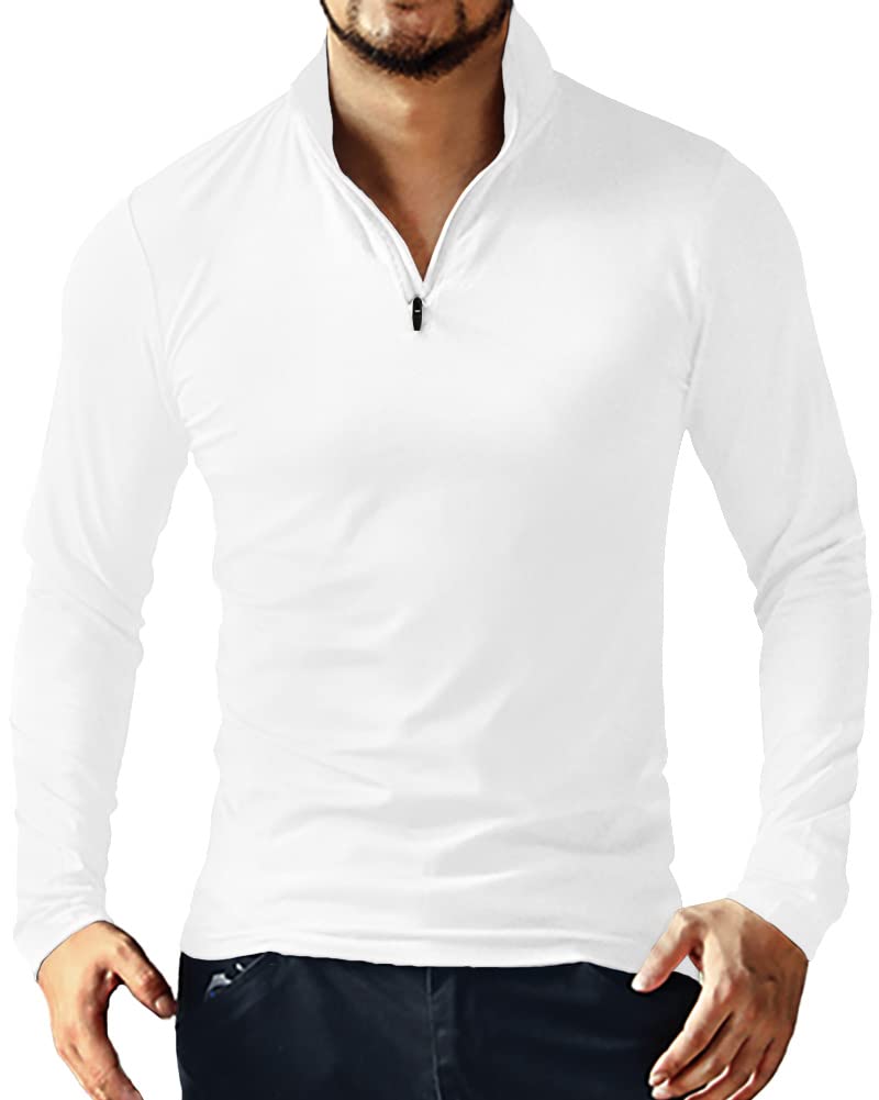 YTD Men's Classic Zip Up Long Sleeve Polo Shirts Casual Slim Fit Tops Basic Designed Cotton Shirts L White - Image 1