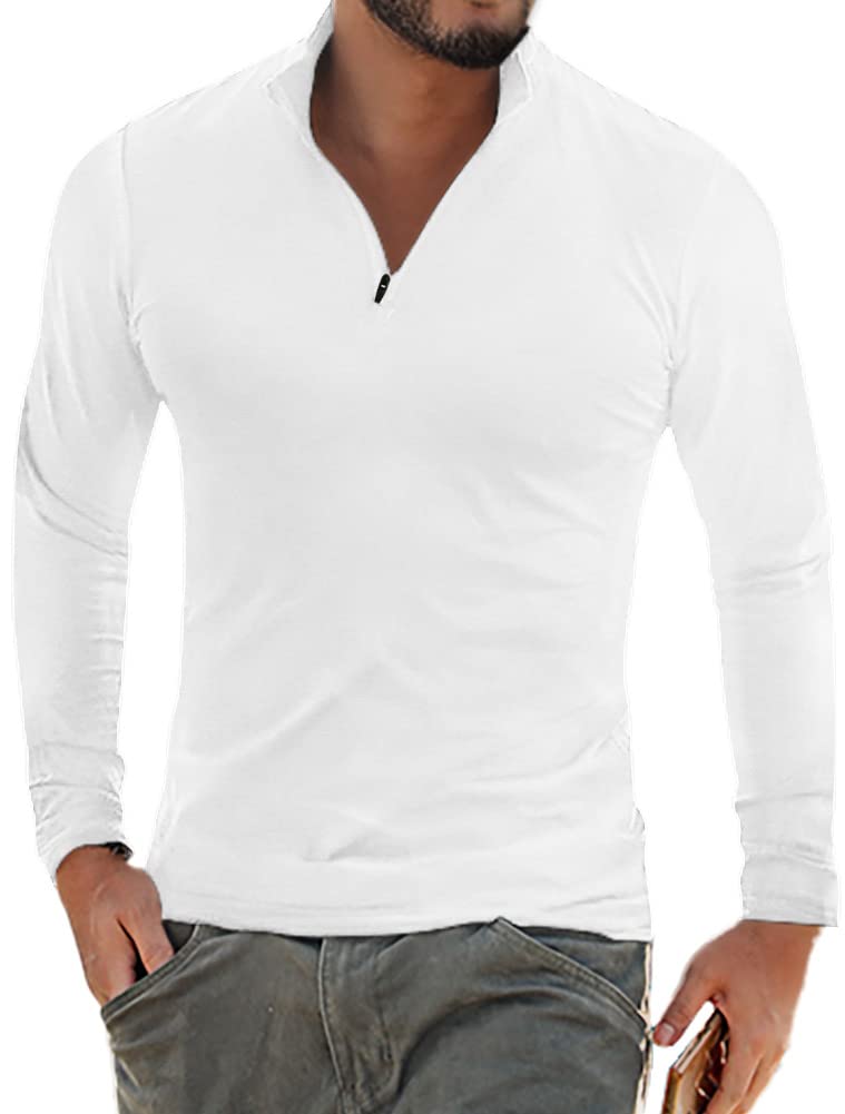 YTD Men's Classic Zip Up Long Sleeve Polo Shirts Casual Slim Fit Tops Basic Designed Cotton Shirts L White - Image 2