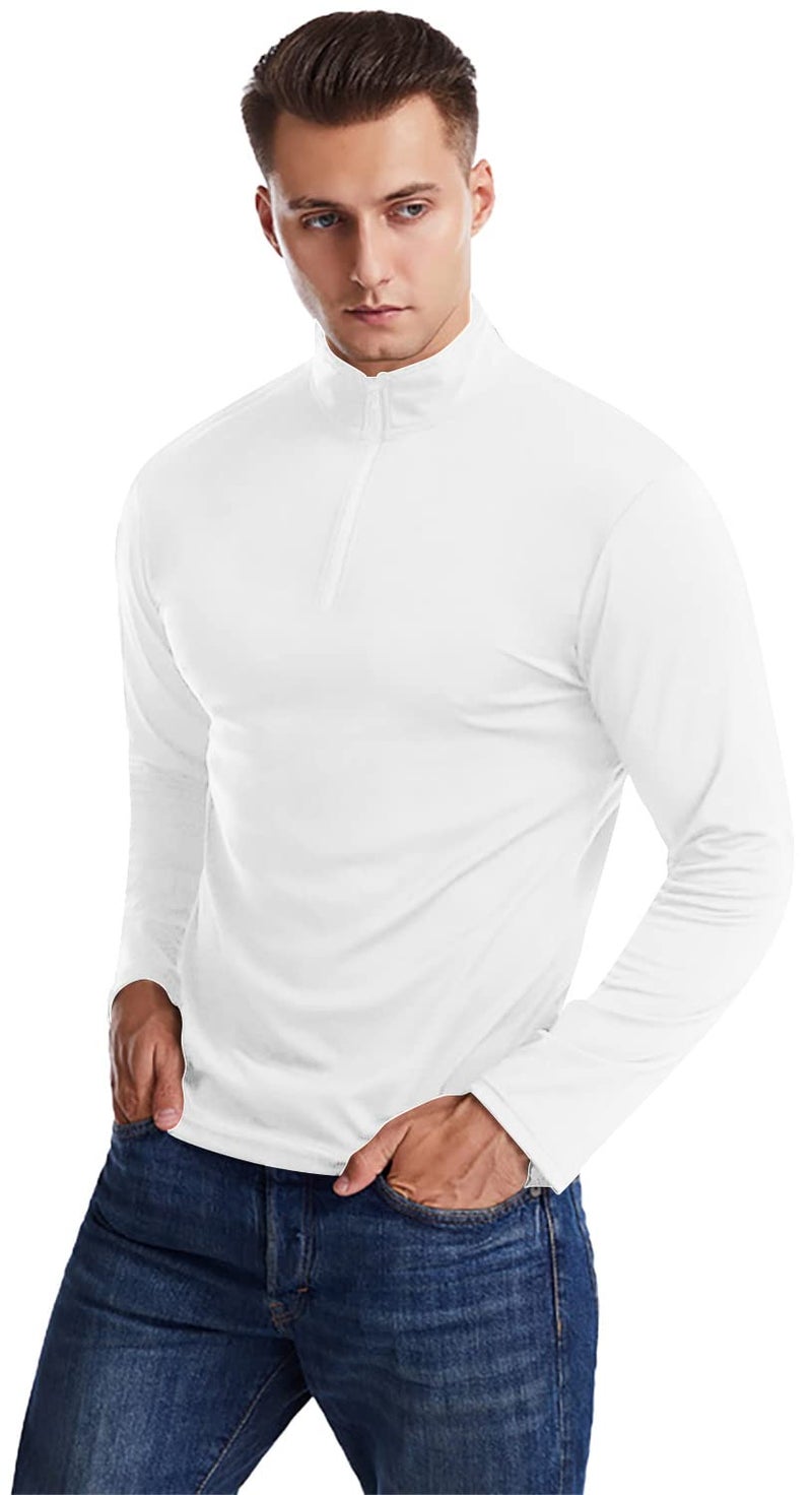 YTD Men's Classic Zip Up Long Sleeve Polo Shirts Casual Slim Fit Tops Basic Designed Cotton Shirts L White - Image 4