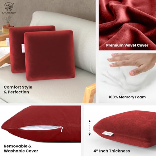 MY ARMOR Memory Foam Square Cushion for Car, Sofa/Diwan, Bed, Chair & Decoration | Highly Durable, Hypoallergenic | Velvet Cover | Maroon, Pack of 2 [14"x 14" x 4"] - Image 2