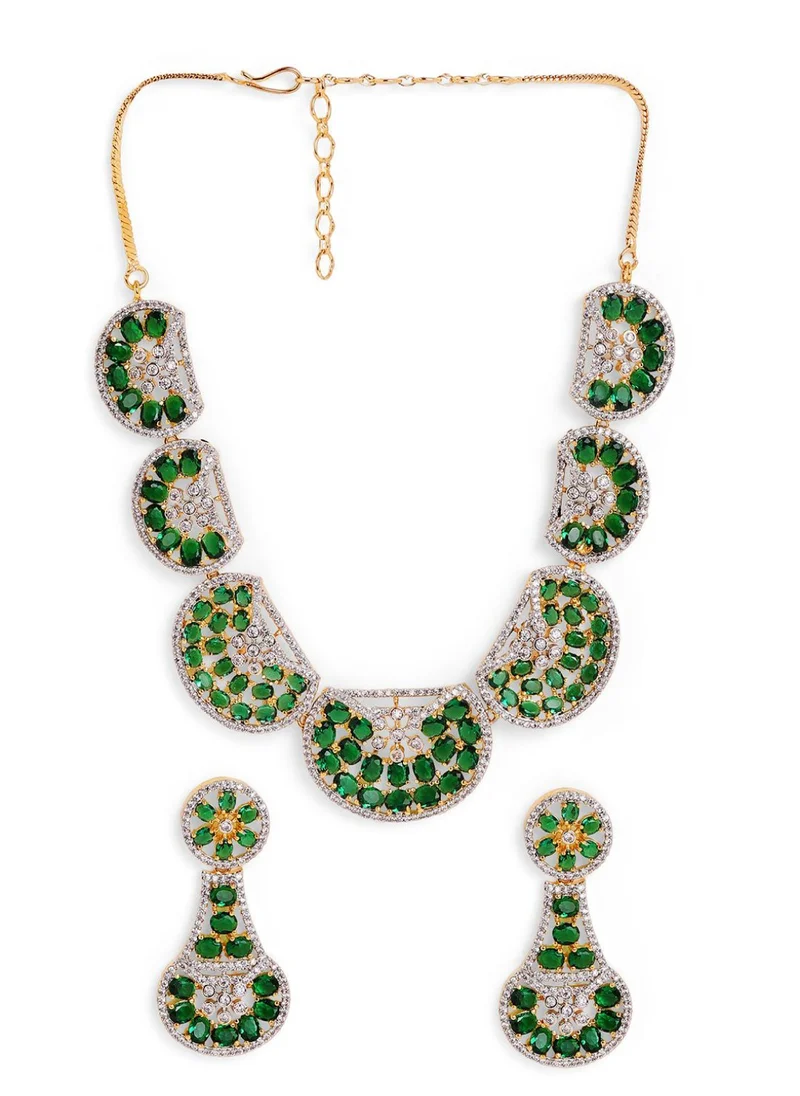 Priyaasi Emerald Chand Design American Diamond Studded Jewellery Set