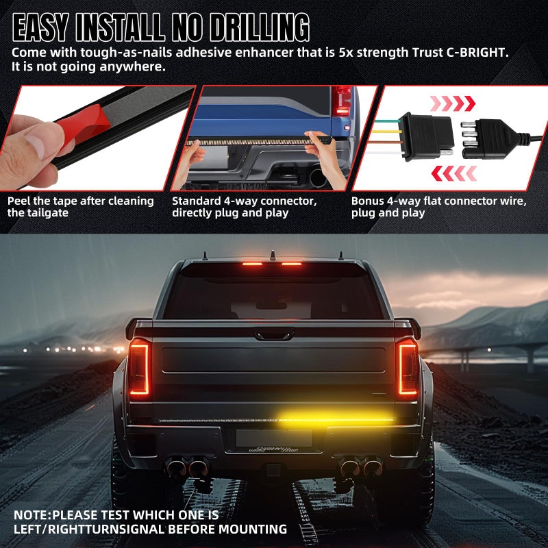 DREAMIZER 60 Inch Aluminum Frame Triple Row 1200 LED Tailgate Light Bar with Running Brake Lights Reverse Sequential Turn Signals for Truck - Image 3