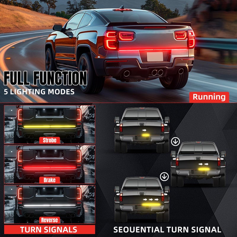 DREAMIZER 60 Inch Aluminum Frame Triple Row 1200 LED Tailgate Light Bar with Running Brake Lights Reverse Sequential Turn Signals for Truck - Image 4