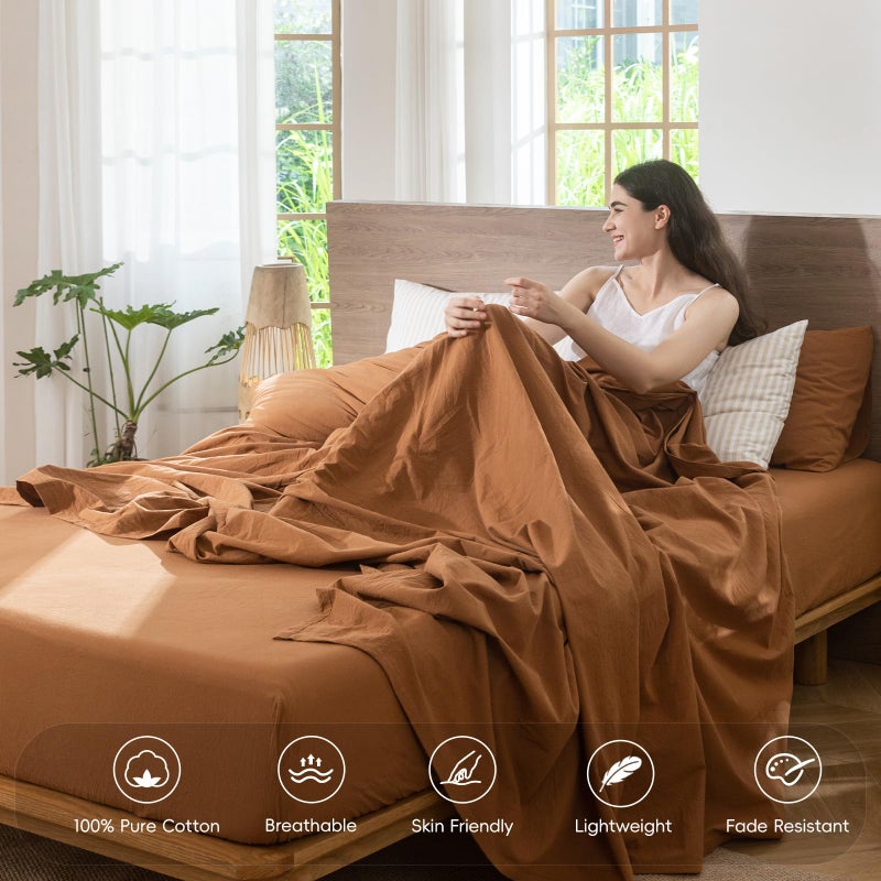 MooMee Bedding Sheet Set 100% Washed Cotton Linen Like Textured Breathable Durable Soft Comfy (Solid Dark Orange, Queen) - Image 4