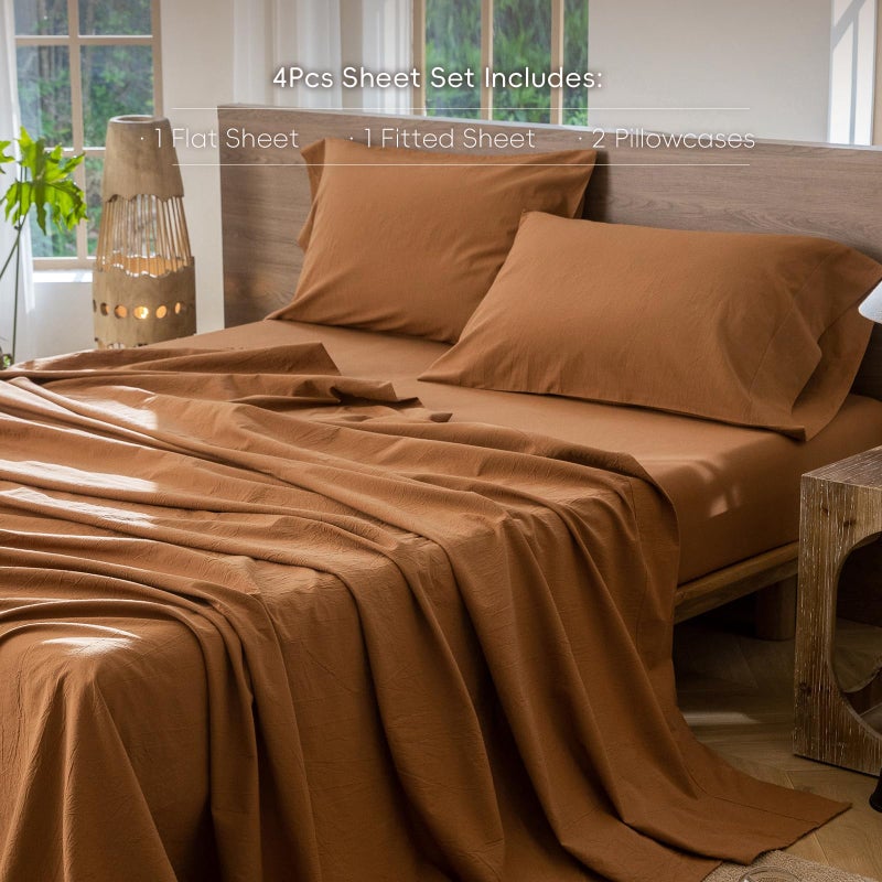MooMee Bedding Sheet Set 100% Washed Cotton Linen Like Textured Breathable Durable Soft Comfy (Solid Dark Orange, Queen) - Image 3