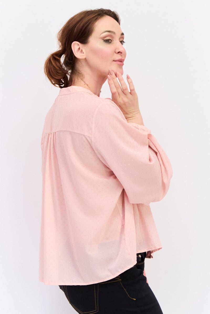 KOTON Women Split Neck Long Sleeves Textured Blouse, Pink - Image 2