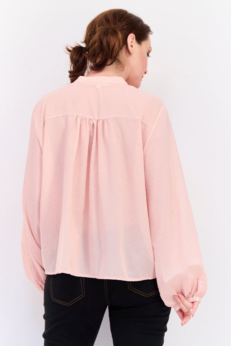 KOTON Women Split Neck Long Sleeves Textured Blouse, Pink - Image 3