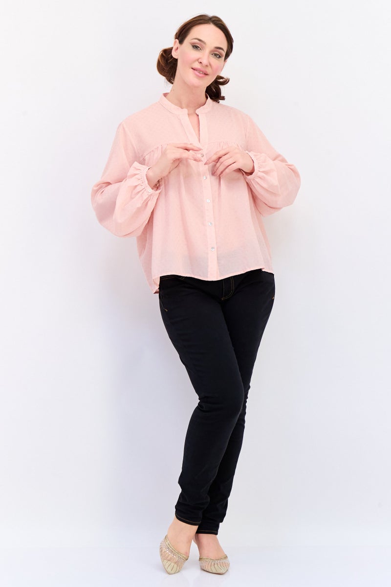 KOTON Women Split Neck Long Sleeves Textured Blouse, Pink - Image 4