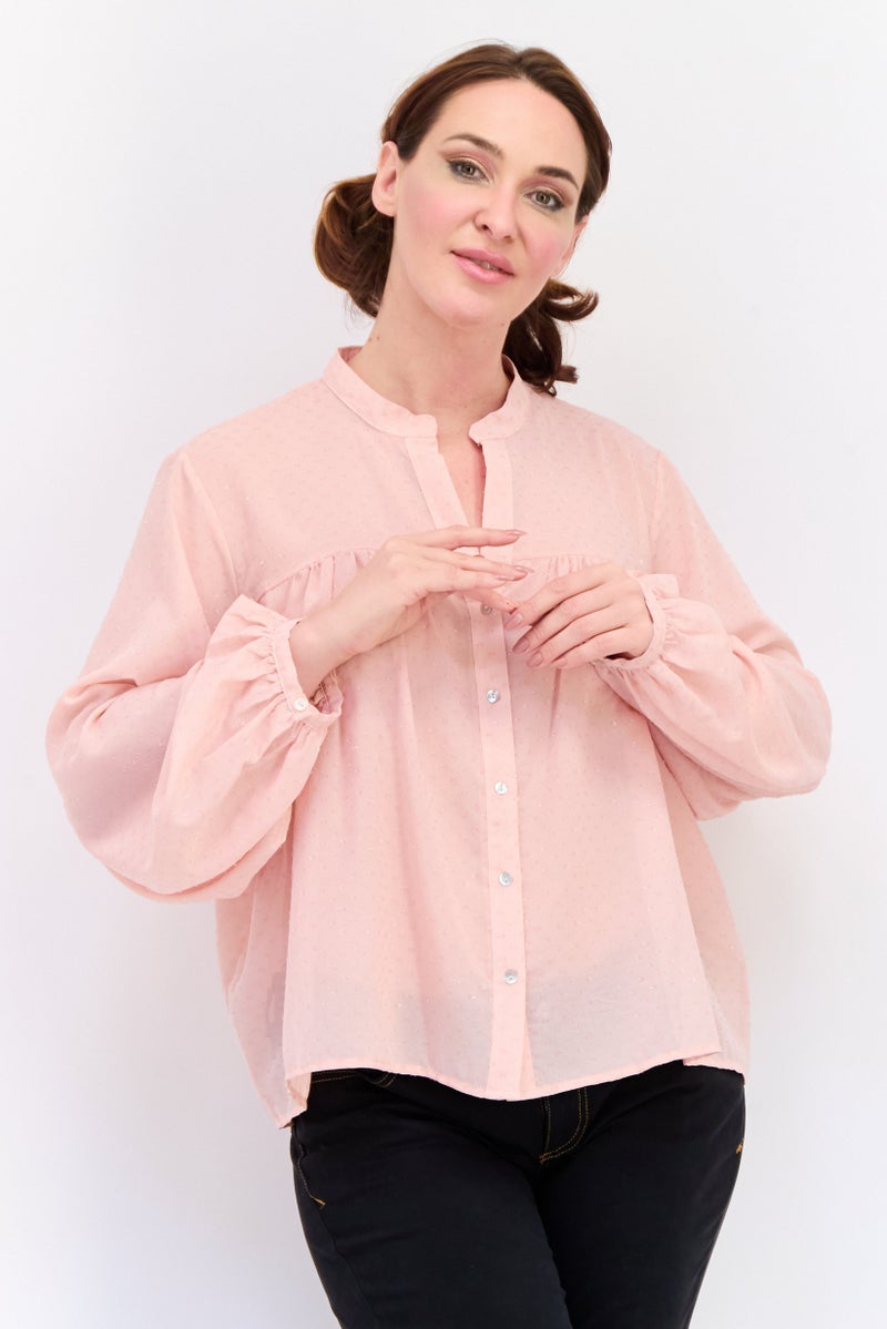 KOTON Women Split Neck Long Sleeves Textured Blouse, Pink - Image 1