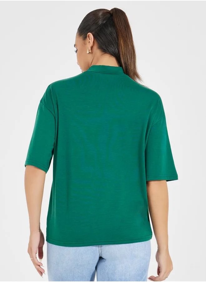 Styli Boxy High Neck Solid T-Shirt