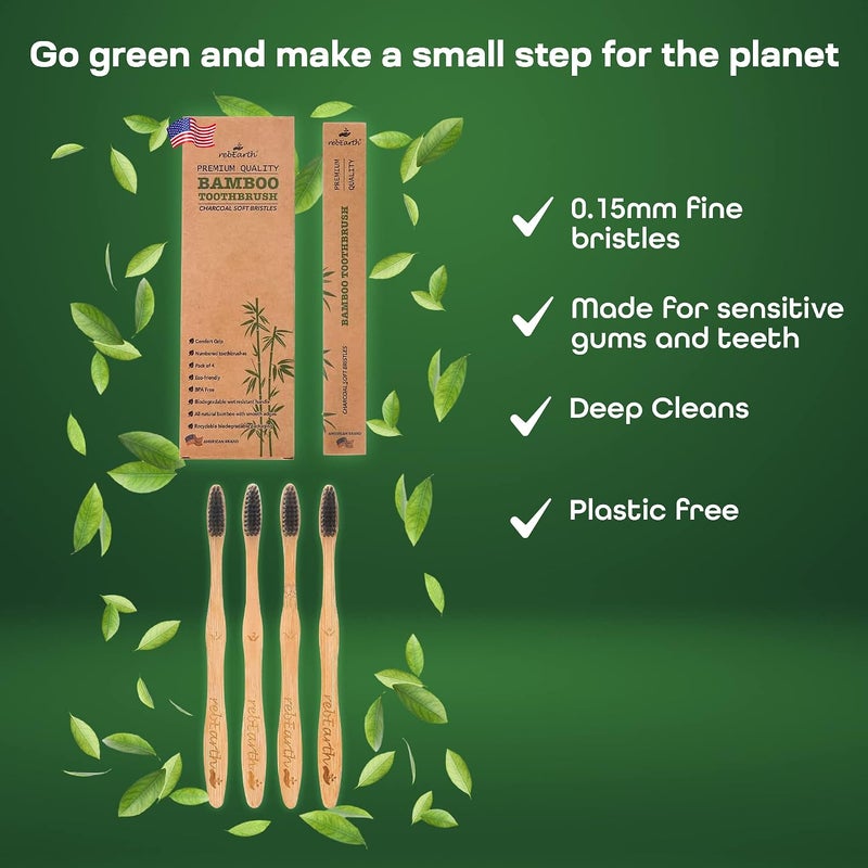 rebEarth فرشاة أسنان من الخيزران | شعيرات ناعمة الأفضل للثة الحساسة | فحم | نباتي | خشب طبيعي | خالية من مادة BPA | قابلة لإعادة التدوير | قابلة للتحلل | صديقة للبيئة | عبوة من 4 | علامة تجارية أمريكية - Image 3