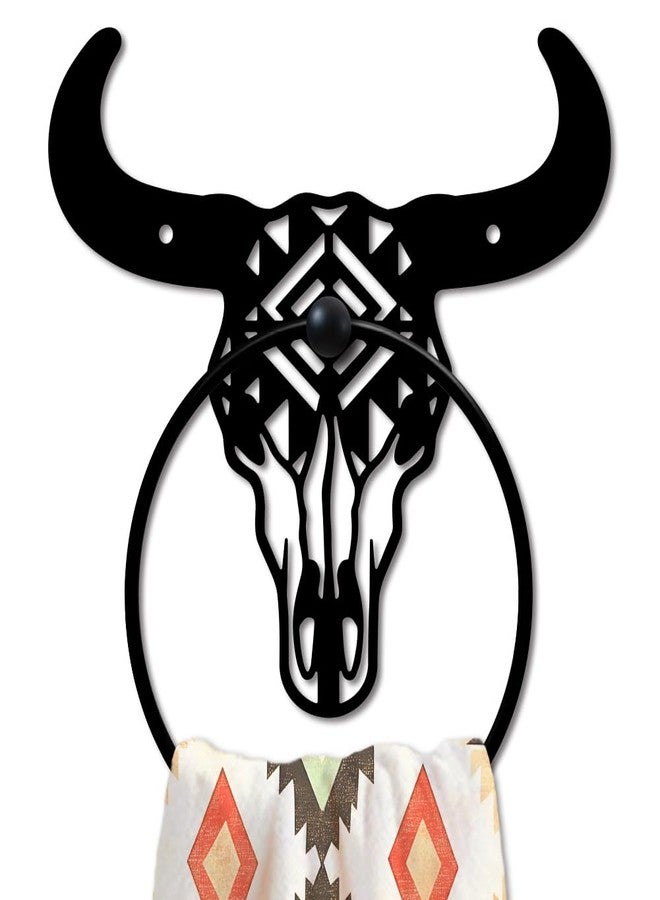 MAYJOYDIY Bull Skull Metal Towel Ring Western Cow Skull Towel Holder Country Western Style Wall Decor Towel Hanger Black Art Towel Rack Wall Mounted for Bathroom Kitchen Home Decors Gift - Image 1