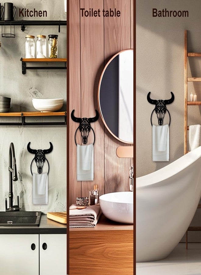 MAYJOYDIY Bull Skull Metal Towel Ring Western Cow Skull Towel Holder Country Western Style Wall Decor Towel Hanger Black Art Towel Rack Wall Mounted for Bathroom Kitchen Home Decors Gift - Image 3