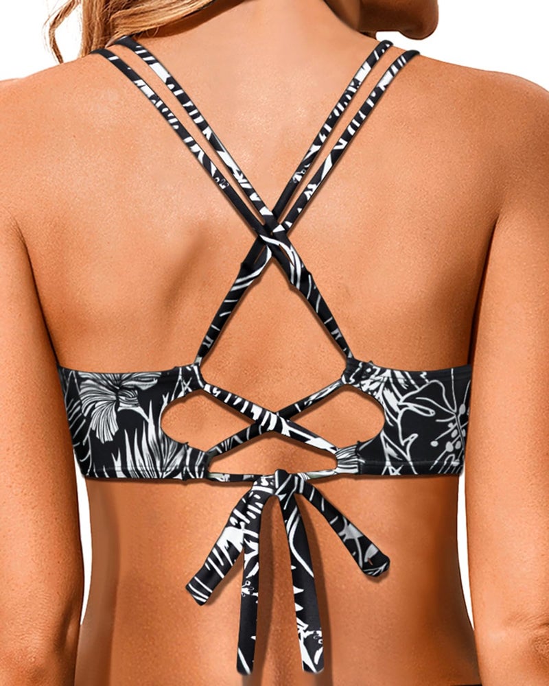 Holipick Black Floral Women's Twist Front Bikini Topss - Push Up Bathing Suit Top Padded Swimsuit Top L - Image 3