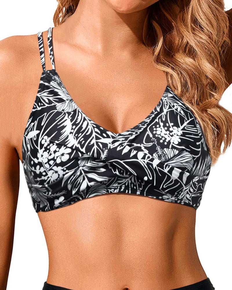 Holipick Black Floral Women's Twist Front Bikini Topss - Push Up Bathing Suit Top Padded Swimsuit Top L - Image 4