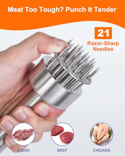Brigii Meat Tenderizer Tool, 304 Stainless Steel, with 21 Needles & Retractable Safety Guard, for Tenderizing Beef, Turkey, Chicken, Steak, Dishwasher Safe - Image 3