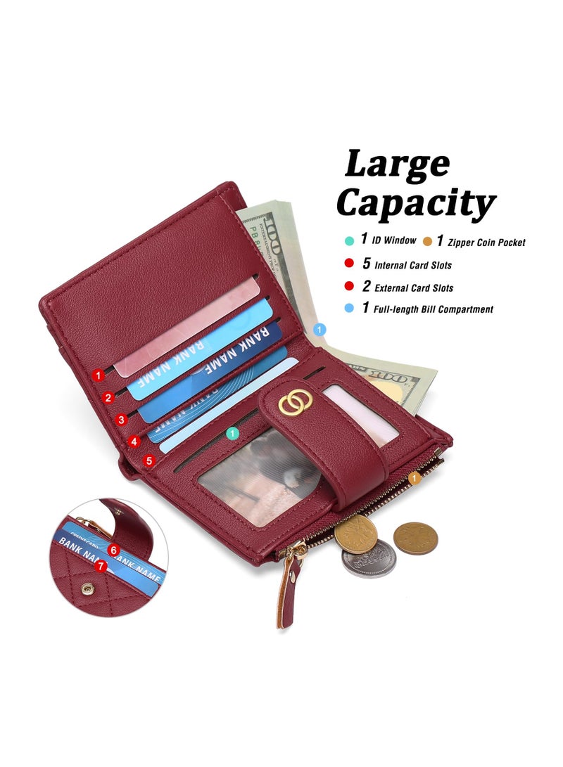 Minimalist Small Zipper Wallets for Women, Slim Bifold PU Leather Credit Card Holder Wallets With ID Window, Ladies Clutch Purses Mini Coin Purse, Red - Image 1