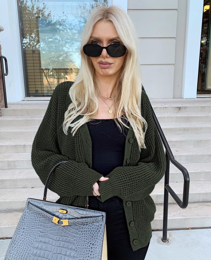 QUALFORT Cardigan Sweaters for Women 100% Cotton Button-Down Long Sleeve Oversized Knit Coatigan Jackets Green Large - Image 3