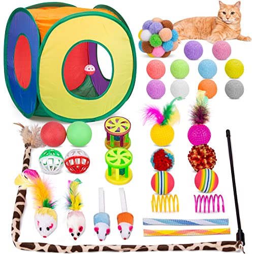 Retro Shaw Cat Toys Pack 33Pcs Interactive Kitten Toys for Indoor Cats Kitty with Collapsible Play Tunnel Tent Feather Teaser Wand Bell Balls Springs Mouse Toys for Boredom Relief Exercise - Image 1