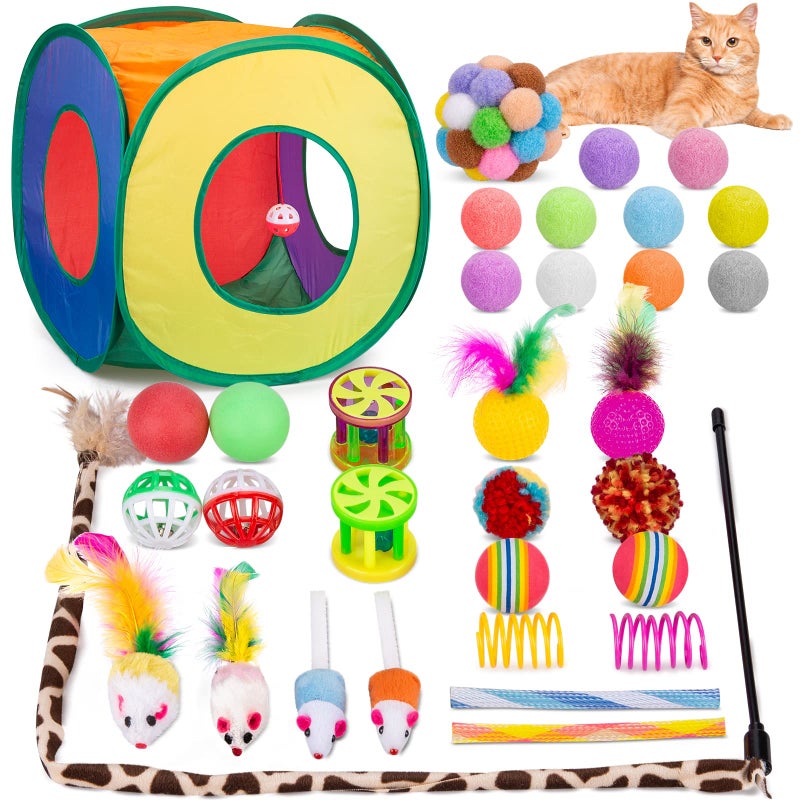 Retro Shaw Cat Toys Pack 33Pcs Interactive Kitten Toys for Indoor Cats Kitty with Collapsible Play Tunnel Tent Feather Teaser Wand Bell Balls Springs Mouse Toys for Boredom Relief Exercise - Image 2