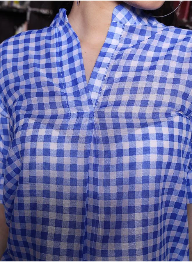 Sera Gingham Checked Mandarin Collar Top with Short Sleeves by Styli