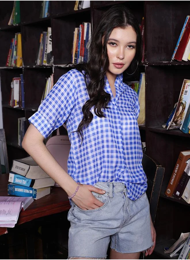 سيرا Gingham Checked Mandarin Collar Top with Short Sleeves