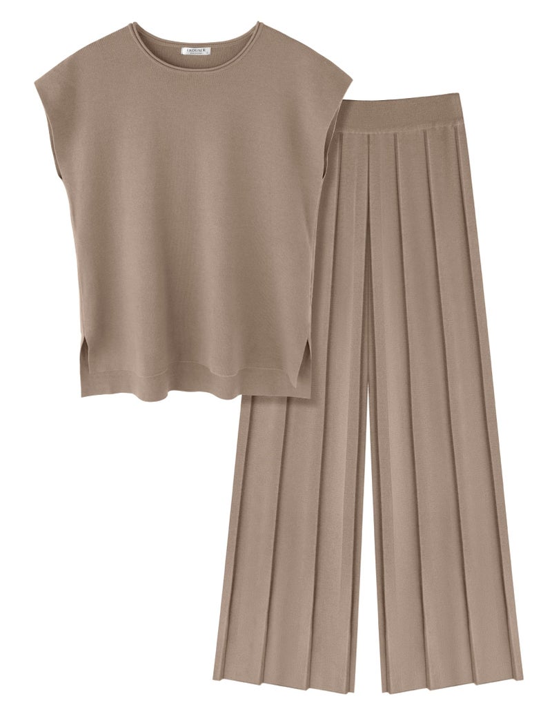Ekouaer Lounge Sets for Women Two Piece Outfits Knit Cap Sleeve Tops Wide Leg Pleated Pants Casual Dressy Sweater Sets Khaki - Image 1