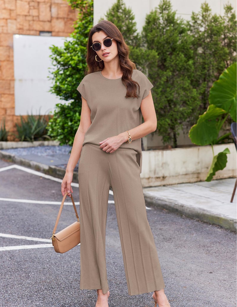 Ekouaer Lounge Sets for Women Two Piece Outfits Knit Cap Sleeve Tops Wide Leg Pleated Pants Casual Dressy Sweater Sets Khaki - Image 4