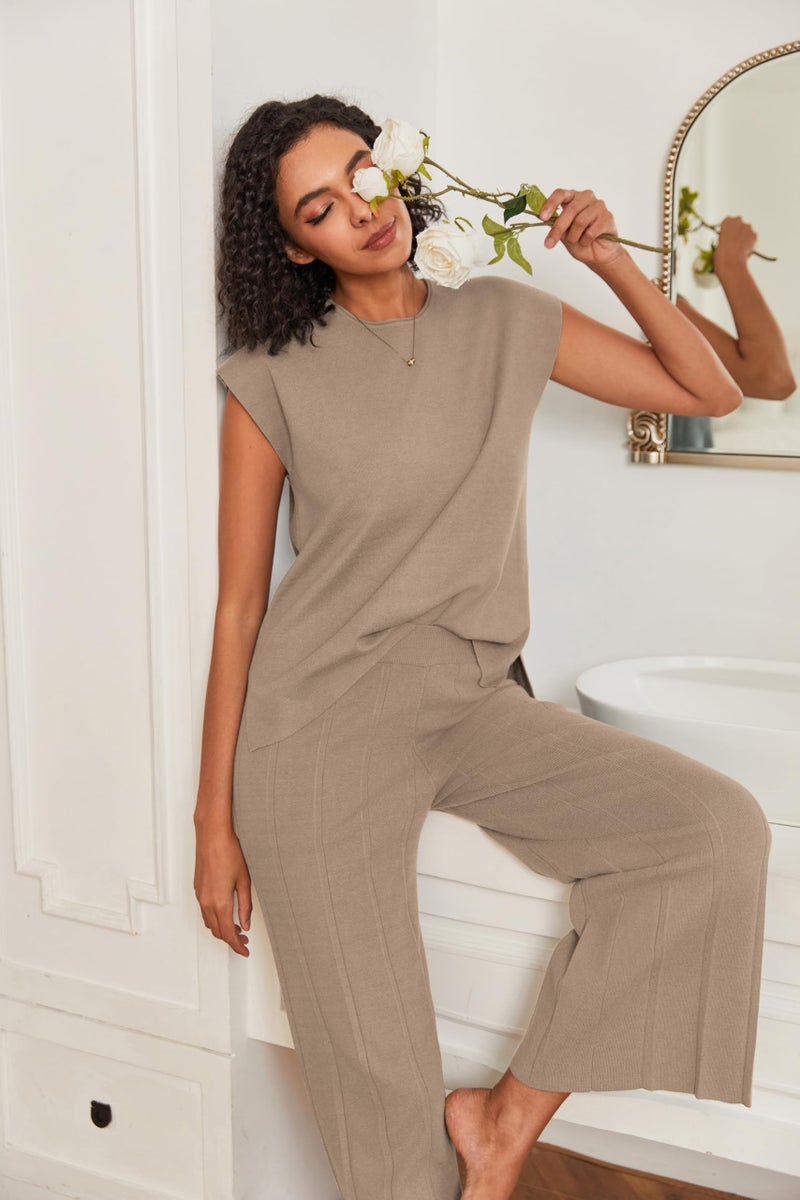Ekouaer Lounge Sets for Women Two Piece Outfits Knit Cap Sleeve Tops Wide Leg Pleated Pants Casual Dressy Sweater Sets Khaki - Image 3