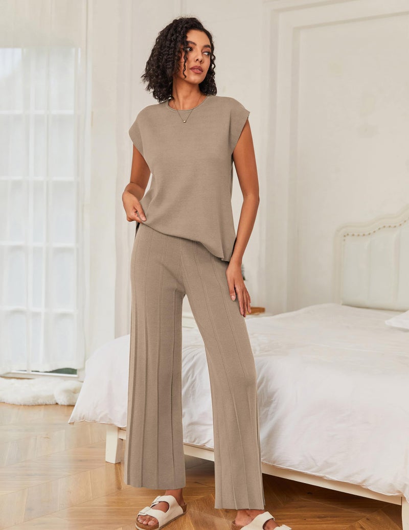 Ekouaer Lounge Sets for Women Two Piece Outfits Knit Cap Sleeve Tops Wide Leg Pleated Pants Casual Dressy Sweater Sets Khaki - Image 2