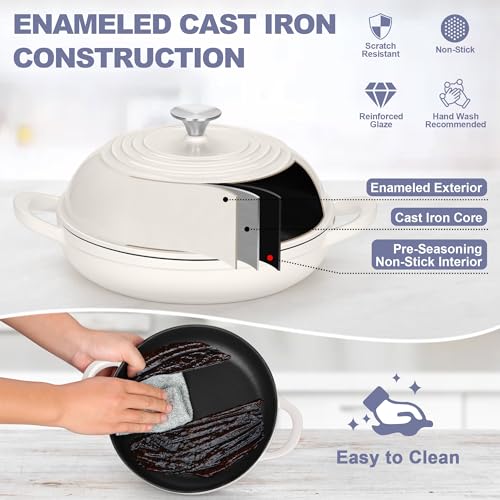 TeamFar Cast Iron Bread Dutch Oven, 6 Qt Enameled Dutch Oven Pot for Sourdough Bread Baking, with Tall Dome Lid & Round Base Pan, Self-Basting & Even-Heating, Heavy-Duty & Non-stick, White - Image 4