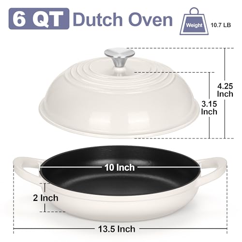 TeamFar Cast Iron Bread Dutch Oven, 6 Qt Enameled Dutch Oven Pot for Sourdough Bread Baking, with Tall Dome Lid & Round Base Pan, Self-Basting & Even-Heating, Heavy-Duty & Non-stick, White - Image 2