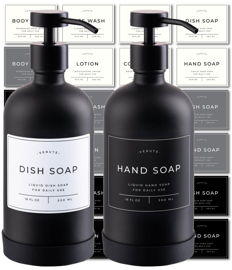 Verute 16oz Glass Soap Dispenser with Stainless Steel Pump, 21 Waterproof Labels, Non-Slip Protective Silicone Pad, Set of 2 for Bathroom & Kitchen (Matte Black Bottle/Black Pump) - Image 1
