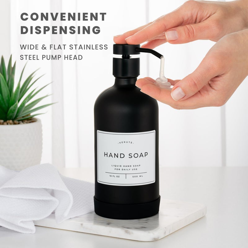 Verute 16oz Glass Soap Dispenser with Stainless Steel Pump, 21 Waterproof Labels, Non-Slip Protective Silicone Pad, Set of 2 for Bathroom & Kitchen (Matte Black Bottle/Black Pump) - Image 4