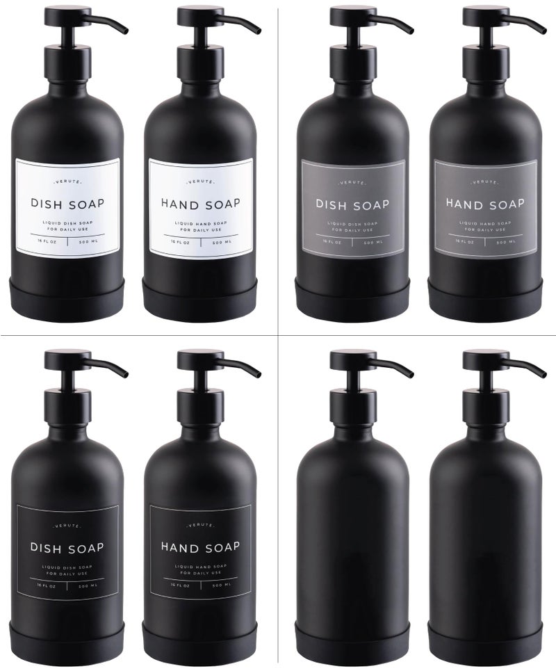Verute 16oz Glass Soap Dispenser with Stainless Steel Pump, 21 Waterproof Labels, Non-Slip Protective Silicone Pad, Set of 2 for Bathroom & Kitchen (Matte Black Bottle/Black Pump) - Image 5