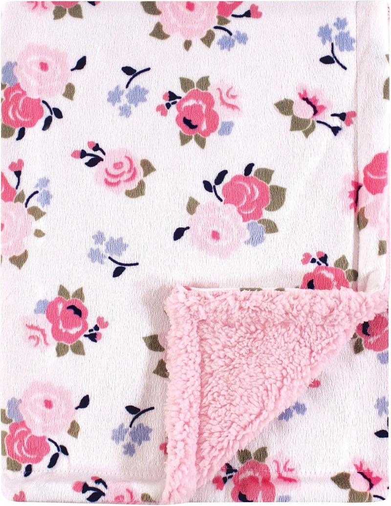 Luvable Friends Unisex Baby Plush Blanket with Sherpa Back, Pink Floral, One Size - Image 1